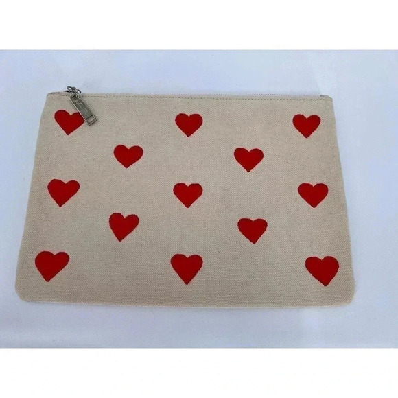 Edie Parker Heart Zip Pouch Vermillion Hearts Front Neutral on Back 11.5Wx8Hx1D